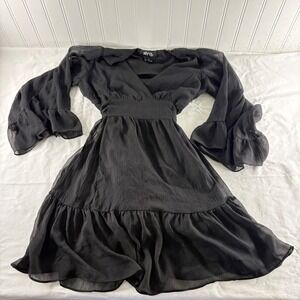 Myth NYC Black Chiffon Bell Sleeve Ruffle Mini Dress Tie Back Small V-Neck LBD